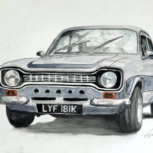 a vintage car portrait in watercolour and ink