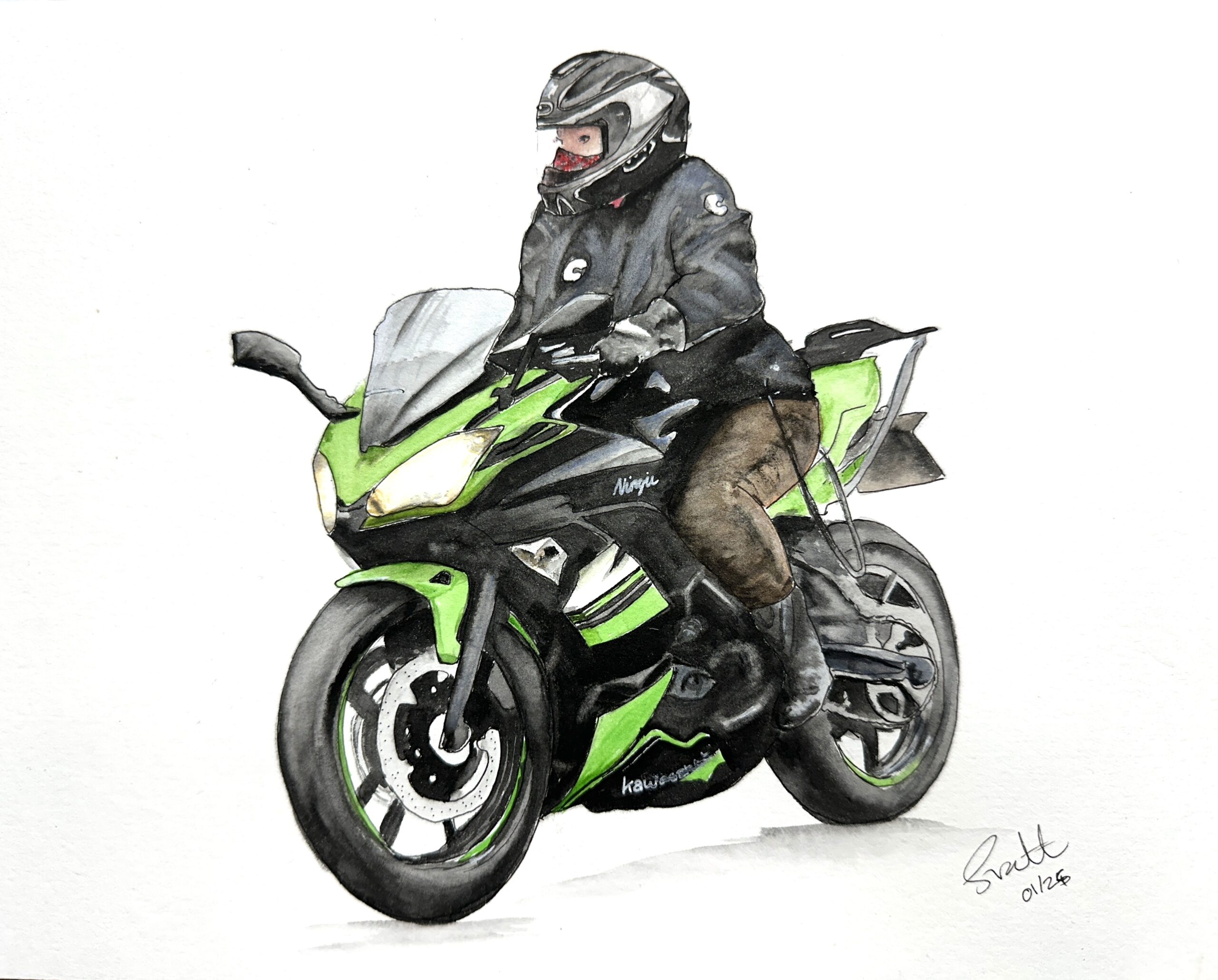 Motorbike in ink and watercolour